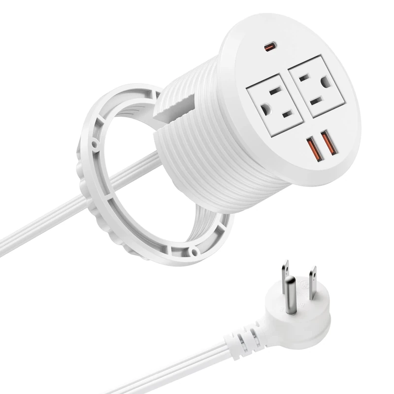 Jgstkcity 30W USB C Desktop Power Grommet,Desk Hole Grommet 3inch,Furniture Desk Recessed Power Outlet,2 Outlets and USB C Fast Charging, Suitable for Side Table,Flat Plug,6ft Cable (White)