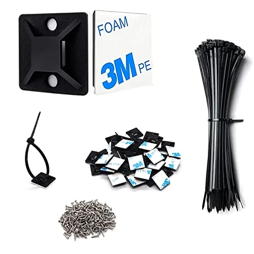 Strong Back-Glue Self Adhesive Cable Zip Tie Mounts Kit - 200 Set Cable Management Clips with 6" Zip Ties, Wire Holders and Screws - Outdoor Sticky Wire Organizer Clips-Black