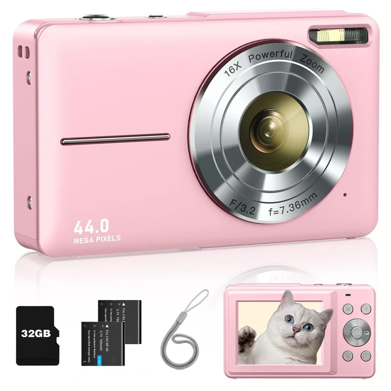 Lecran Kids Camera - FHD 1080P, 16X Zoom, 32GB Card, Pink, 2 Batteries