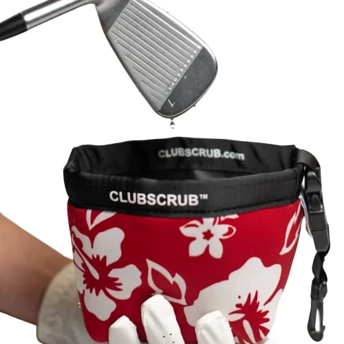 Club Scrub Golf Club and Golf Ball Cleaning Bag, Waterproof Clean Face Technology Liner, Perfectly Dry Neoprene Exterior, Detachable Clip, Machine Washable, Cleans Club Grooves, Hibiscus Red