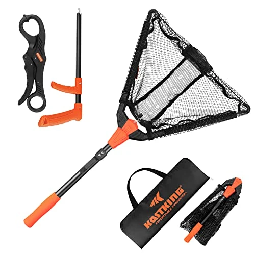 KastKing Pontus Fishing Landing Net Combo - Foldable, Extendable, Lightweight & Strong with Built-in Length Scale, Fish Lip Gripper and Hook Remover - Gifts for Men