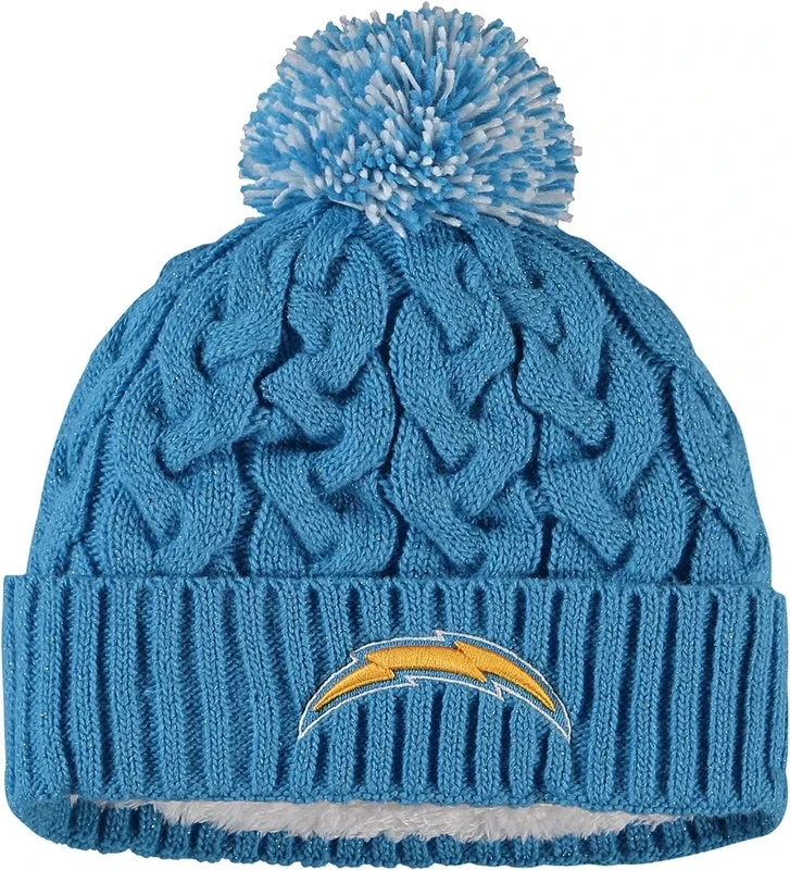 New Era Women's NFL Cable Knit Team Logo Wordmark Tech Cuffed Pom Beanie Cold Weather Knit Hat -Los Angeles Chargers - Blue