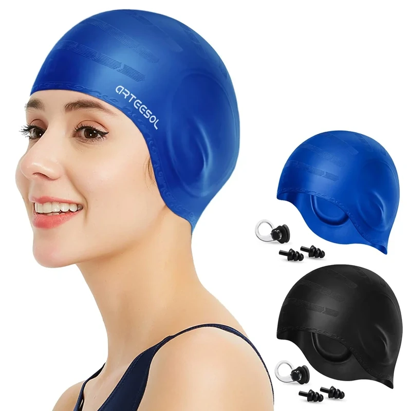 Silicone 3D Ear Protection Swim Cap - Latex-Free Non-Slip Waterproof for Long Hair/Thin Braids, Chlorine Resistant Tear-Resistant for Competitive Swimming, Comes with Ear Plugs & Nose Clip