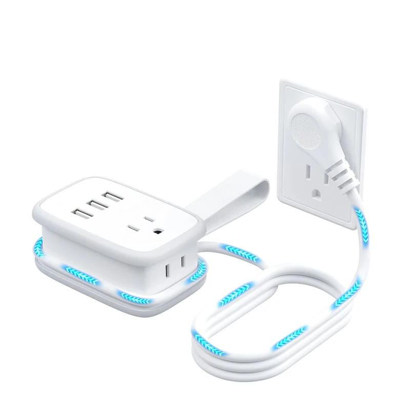 NTONPOWER Travel Power Strip 2 Outlets + 3 USB - 5-in-1 Flat Plug