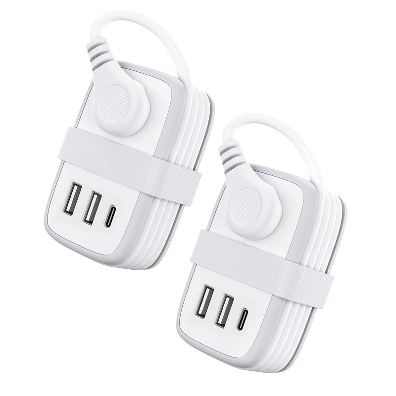 2 Pack Power Strip with USB C Ports, 2 Outlets 3 USB Ports, NTONPOWER Small Power Strip with 3ft Short Extension Cord Retractable, Compact Size for Travel Home Office Hotel Cruise Essentials, White