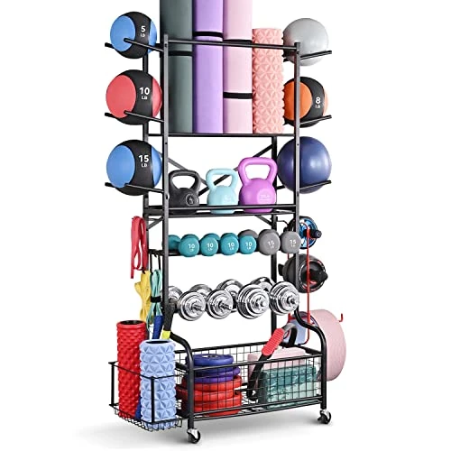 Weight Rack for Dumbbells, PLKOW Home Gym Storage Rack for Dumbbells Yoga Mat Kettlebells Medicine Ball and Workout Equipment, Medicine Ball Rack Yoga Mat Storage Rack with Wheels