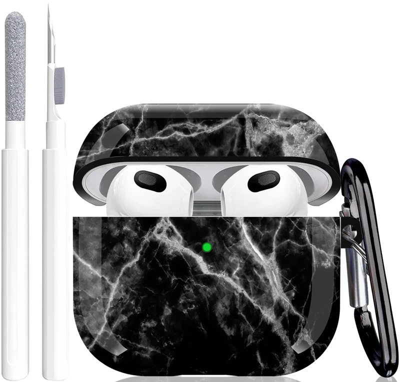 Compatible with Airpods 3rd Generation Case (Not Fit Pro) - Wonjury Marble Protective Hard Compatible with Airpods 3 Case Cover Shockproof Women Girls with Keychain, Marble Black