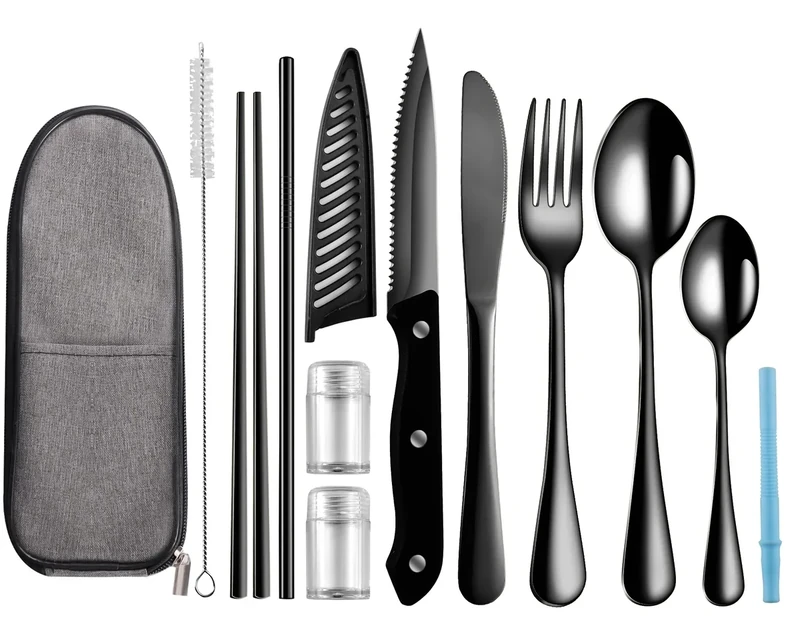 Logcow Travel Utensils with Case,Reusable Utensils,Portable Travel Camping Cutlery Set,Stainless Steel Flatware Set,Lunch Boxes Workplace Camping School Picnic (Black)