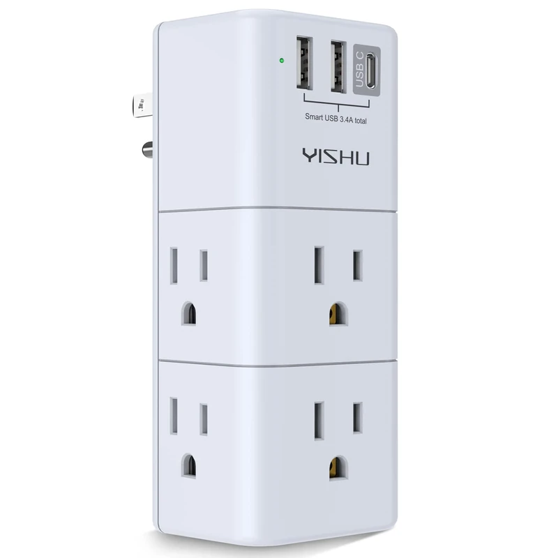 YISHU USB Plug Extender - 6 AC Outlets, Rotating Plug, 3 USB Ports