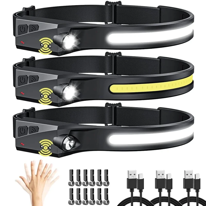 UUYEE Headlamp Rechargeable 3Pack, LED Headlamp Flashlight with Motion Sensor, 230° COB Wide Beam Head Lamp, 5Mode Head Lights for Forehead Waterproof, Bright Headlamps for Adults Running Camping