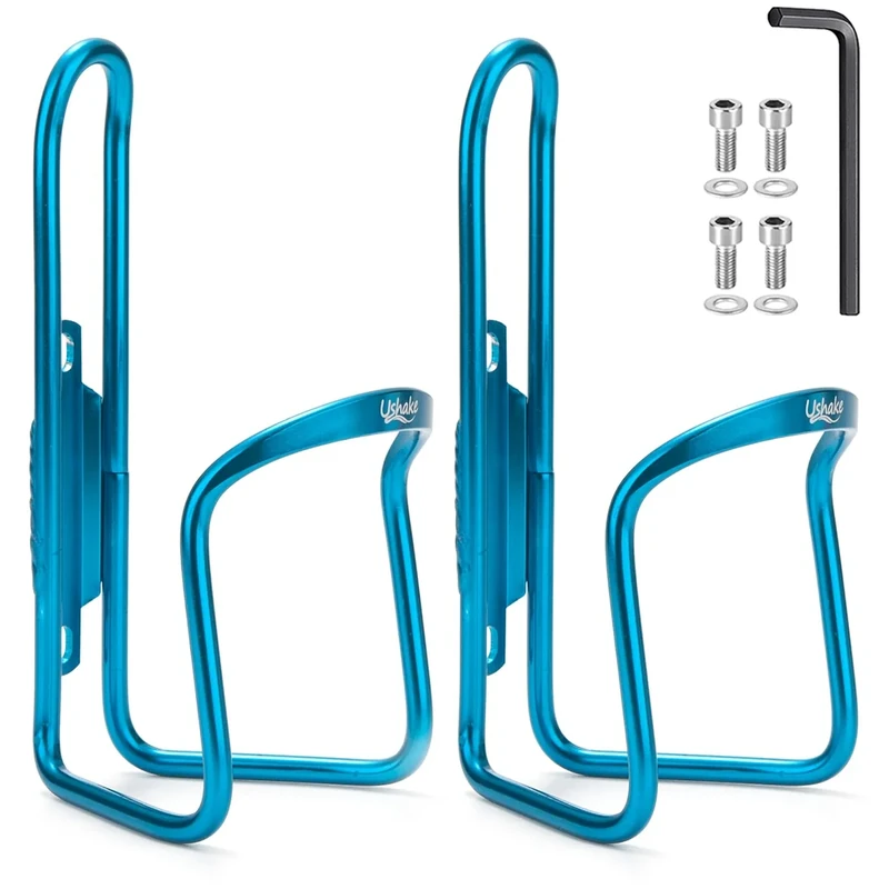 USHAKE Water Bottle Cages for MTB Bikes - Lightweight Aluminum Alloy Holder Brackets - Easy to Install with Drilled Holes - 2 Pack Blue