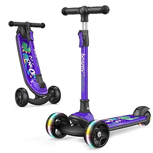 besrey Kick Scooter for Kids Ages 3-10, 3-Wheel Folding Scooter with Adjustable Height, LED Light Wheels, Extra Wide Deck for Outdoor Activities