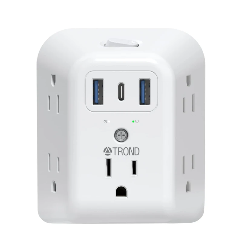 TROND 2 Prong Power Strip with 3 USB Ports(1 USB-C), 2 to 3 Prong Outlet Adapter, 1440J Surge Protector, 5 AC Socket Spaced Widely, Wall Mount, Polarized Plug, for Non-Grounded Plug Old House