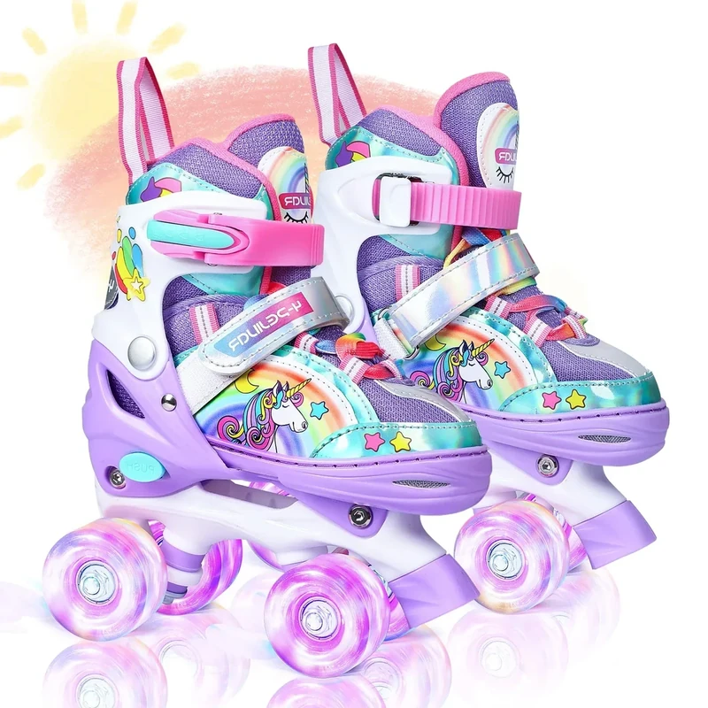 Rainbow Unicorn Kids Roller Skates for Girls Boys Toddler Ages 2-4,4-Pejiijar Adjustable Roller Shoes with Luminous Wheels for Birthday Xmas Gifts.