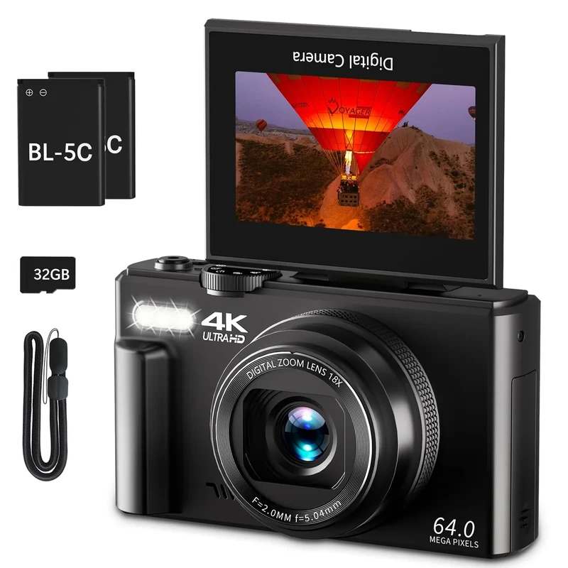 VJIANGER 4K 64MP Camera - 3" Flip Screen, 18X Zoom + 32GB Card