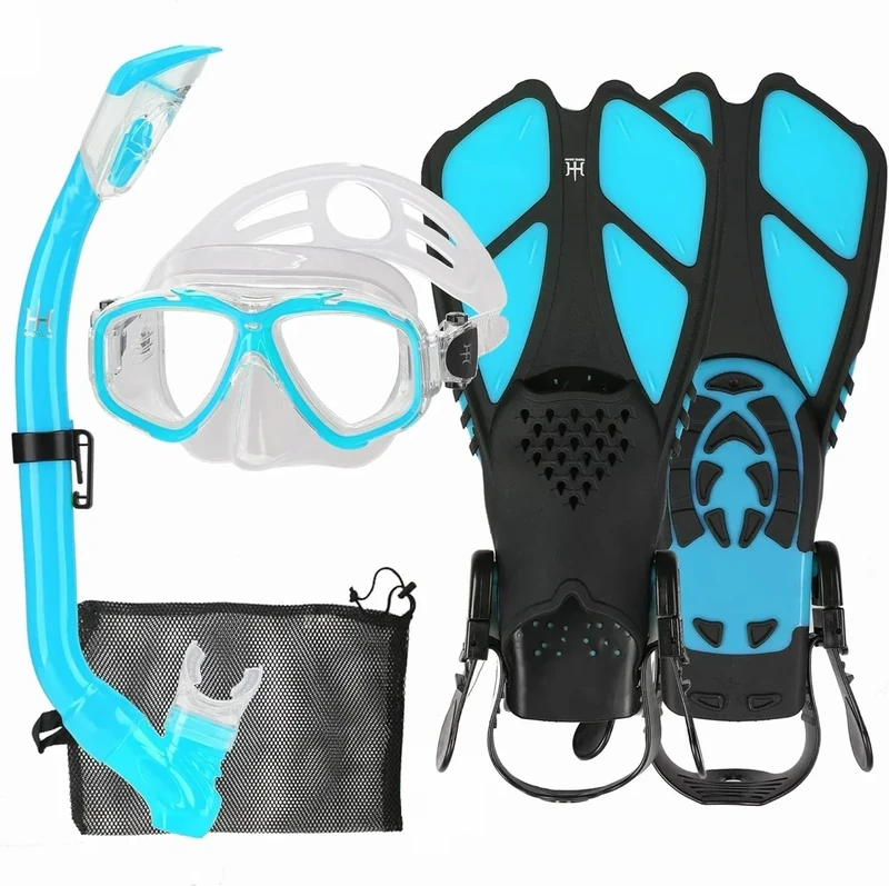Kids Snorkeling Set with Fins Anti Leak Snorkeling Gear for Kids with Adjustable Flippers, Youth Junior Full Dry Snorkel Set Swimming Goggles with Nose Cover Diving Mask Scuba with Bag, 5-14 Yrs