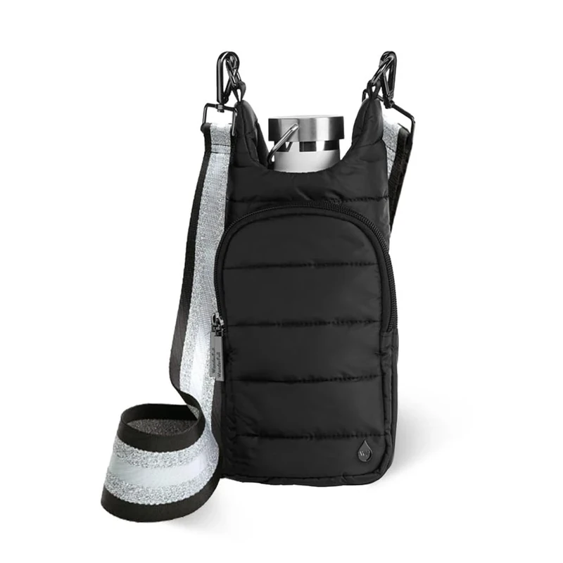 WanderFull® Original HydroBag®, Fits Up to 32 oz Water Bottle Holder with Strap, Hands-Free Crossbody, Water Bottle Carrier Bag with Phone Pocket - Black Matte w/Striped Strap