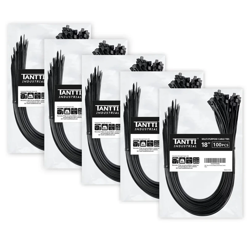 TANTTI 18" Black Zip Ties - 500 Pack, 60lb Tensile, UV Resistant