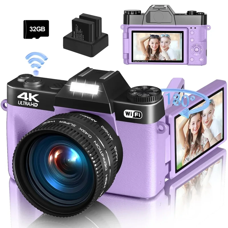 4K Digital Camera for Photography & Vlogging, 56MP YouTube Camera with WiFi, 3" 180° Flip Screen, 16X Digital Zoom, 52mm Wide Angle & Macro Lens, 32GB TF Card, 2 Batteries – Purple