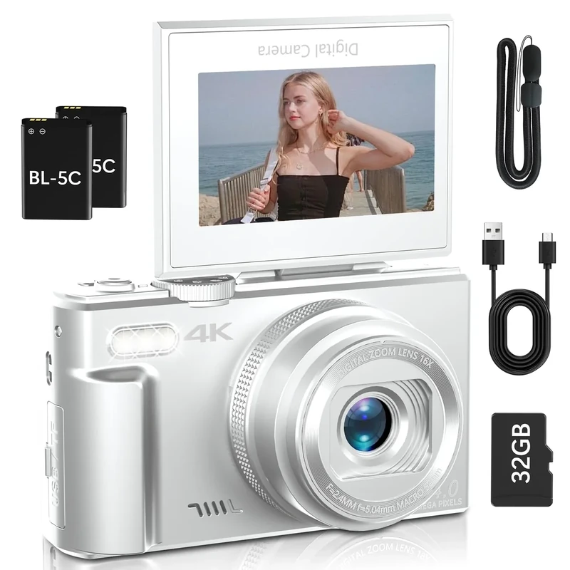 Digital Camera for Photography, 4K 64MP WiFi Dual-Lens Vlogging Camera for YouTube with 16X Digital Zoom, Flash,Touch Screen,32GB TF Card,Lens Hood,HDMI Output & 3000mAH Battery(White)