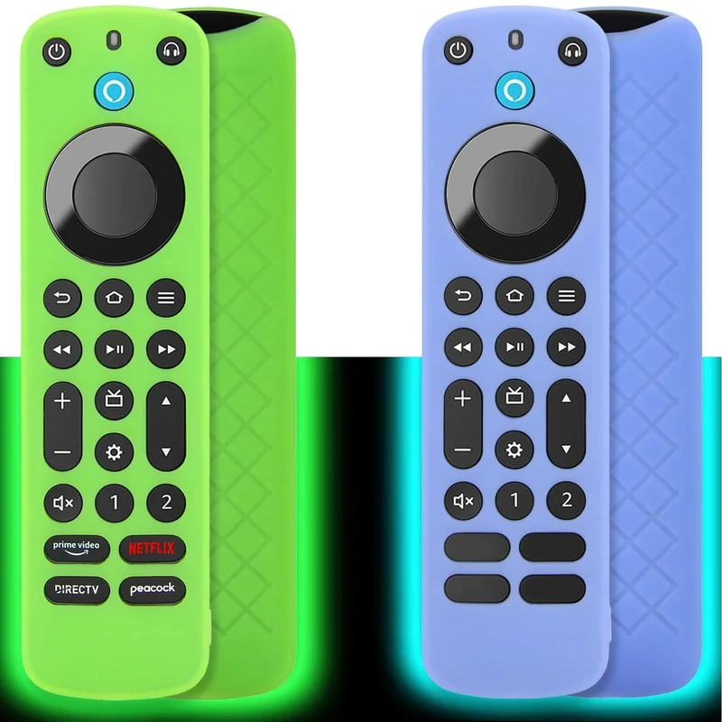 Pinowu Remote Cover Case (2pcs, Glow in The Dark) Compatible with Firetv Voice Remote Pro (2022 Released), Anti Slip Shockproof Silicone Sleeve with Wrist Strap (Green & Sky Blue)