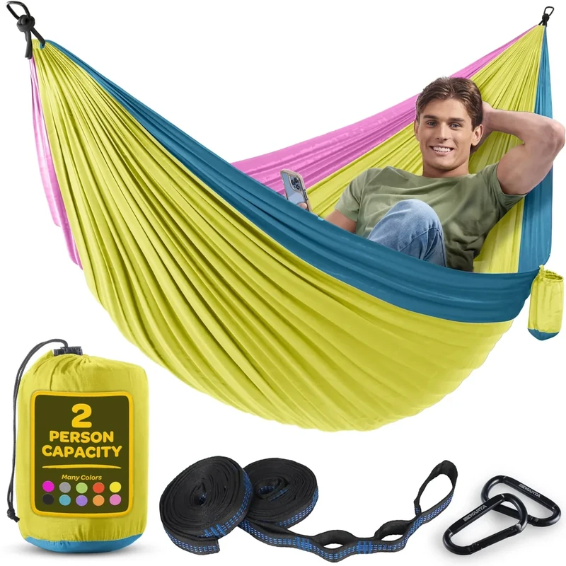 Durable Hammock 500 lb Capacity, Nylon Camping Hammock Chair - Double or Single Sizes w/Tree Straps and Attached Carry Bag - Portable for Travel/Backpacking/Beach/Backyard (Large, Yellow & Blue)