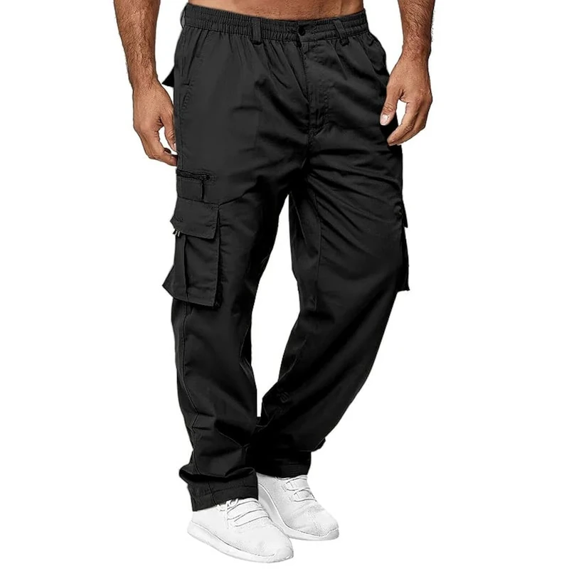 THWEI Mens Cargo Pants Casual Cotton Jogger Multi Pockets Outdoor Hiking Work Sweatpants Black 3XL