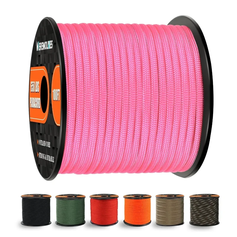 WEREWOLVES 650lb Paracord/Parachute Cord - 9 Strand Paracord Rope - 100', 200' Spools of Parachute Cord, Type III Paracord for Camping, Survival (Pink, 100 Feet)