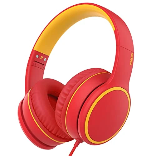 RORSOU R10 On-Ear Headphones With Microphone - Lightweight Folding Stereo Bass With 1.5M No-Tangle Cord - Portable Wired for Smartphone, Tablet, Computer, MP3/4 (Red)