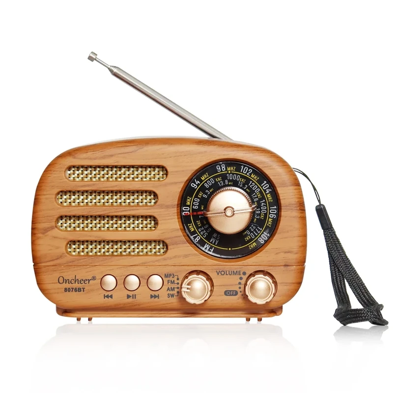 Oncheer Portable Vintage Decor Radio, Retro Bluetooth Speaker, FM/AM/SW Old Fashion Classic Style, Adjustable Antenna, Rechargeable Battery Powered, Support TF Card, USB Playing Music-Light Color
