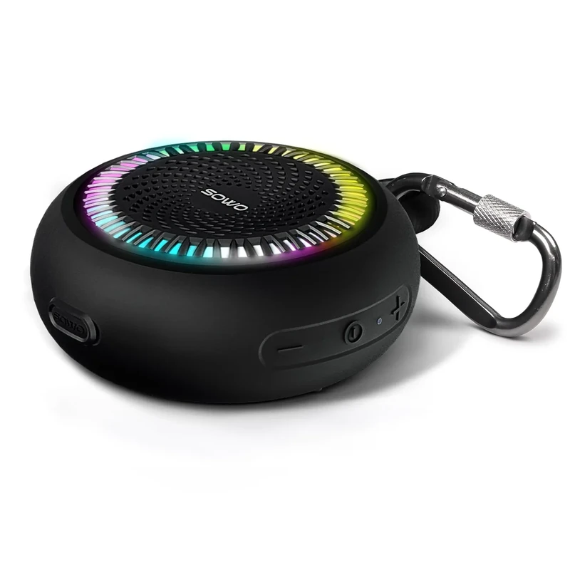 SOWO Shower Speaker Bluetooth Waterproof | Small Portable Wireless Bluetooth Speaker with Clip | Powerful Bass and Louder Volume | Colorful Lights and Lightweight | for Bathroom,Travel,Beach | Black