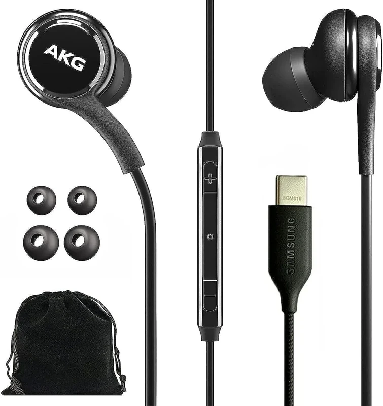 Samsung AKG Wired Earbuds Original USB Type C in-Ear Earbud Headphones with Remote & Microphone for Music, Phone Calls, Work - Noise Isolating Deep Bass, Includes Velvet Carrying Pouch - Black