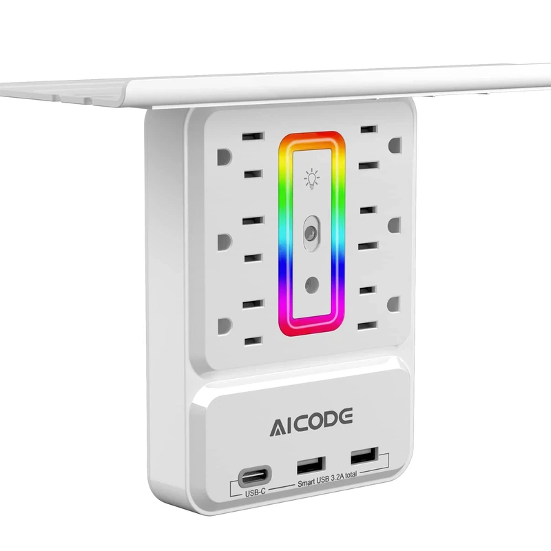 Socket Outlet Shelf,Wall Outlet Extender Surge Protector with Nightlight,6 Outlets with 3 USB Ports(1 USB C) Plug Expander Charger Shelf with Storage for Home,Dorm