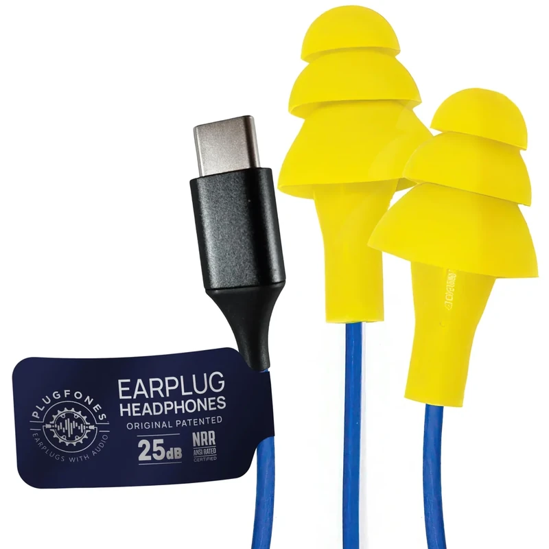Plugfones Basic Earplug-Earbud Hybrid Earplug Headphones 25 dB Noise Reduction Rating Wired Noise Reducing Earphones Safety Earplugs for Work USB C Connector Yellow