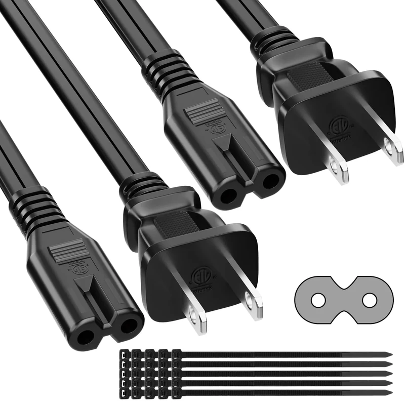 2 Prong Power Cord 10 FT (2-Pack), Non-Polarized AC Power Replacement Supply Cable, 7A, 125V, ETL Compatible with PS5/PS4 Samsung LG TCL Sony Roku TV, Xbox, Laptop, Printer, C7 to 1-15P, with 25 Ties