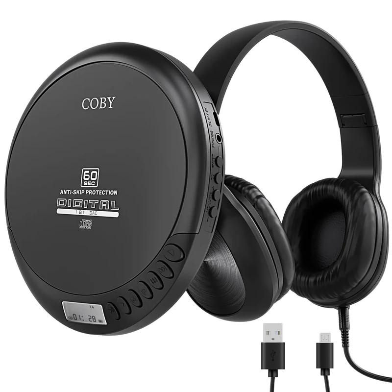 Coby Portable CD Player with MP3 Playback & FM Radio, 60-Second Anti-Skip Protection, Foldable Wired Headphones, Compact Retro Discman Music Player for Home, Car, Travel & Seniors – Clear Stereo Sound