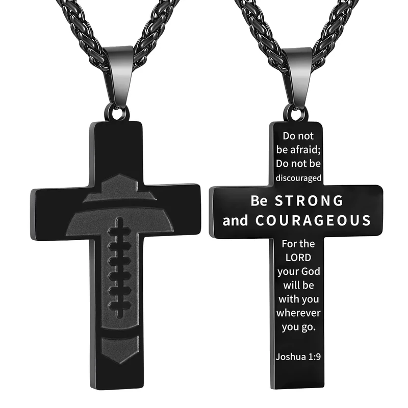 GLITTO Football Cross Necklace for Men Boys, Black Football Accessories Stuff Chain Jewelry Christian Religious First Communion Easter Basket Stuffers Essentials Gifts Ideas Teenage Teen Kids Boy Him