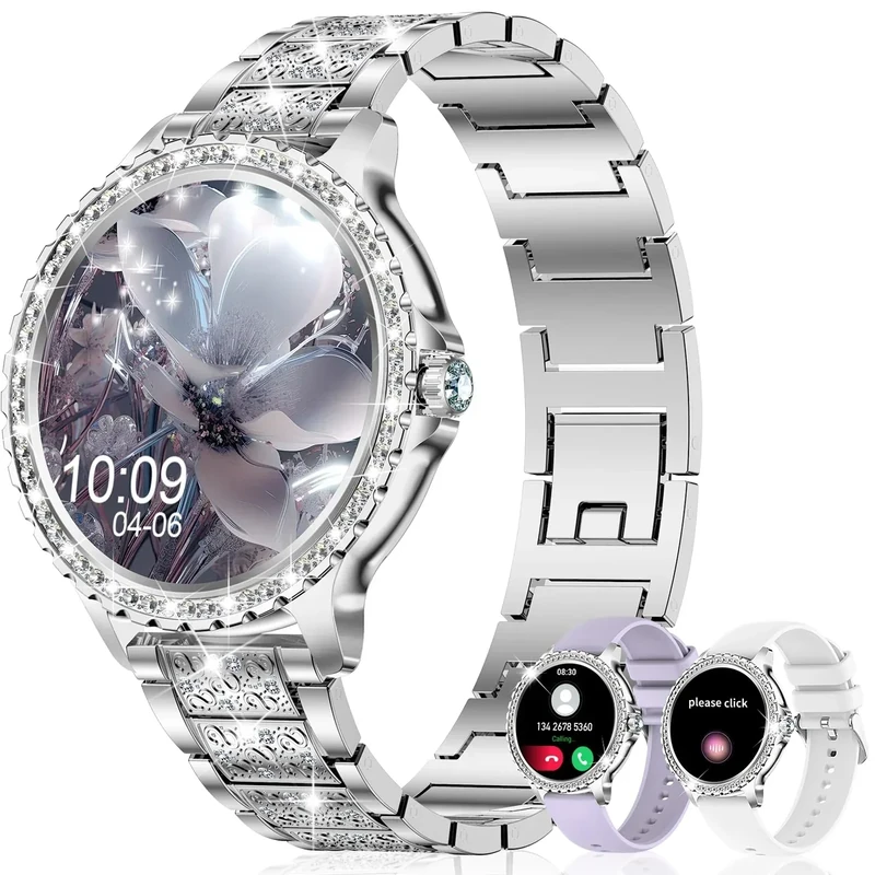 Smart Watch for Women with Diamonds (Answer/Make Call),1.32''Full Screen Smart Watch for Android /iOS,Fitness Tracker with Heart Rate/Blood Oxygen/Sleep Monitor/AI Voice Watches for Women,3 Straps