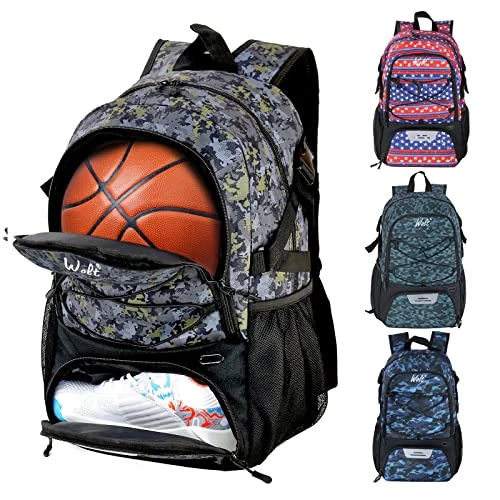 WOLT | Basketball Equipment Backpack, Large Sports Bag with Separate Ball holder & Shoes compartment, Best for Basketball, Soccer, Volleyball, Swim, Gym, Travel (Camouflage Yellow)