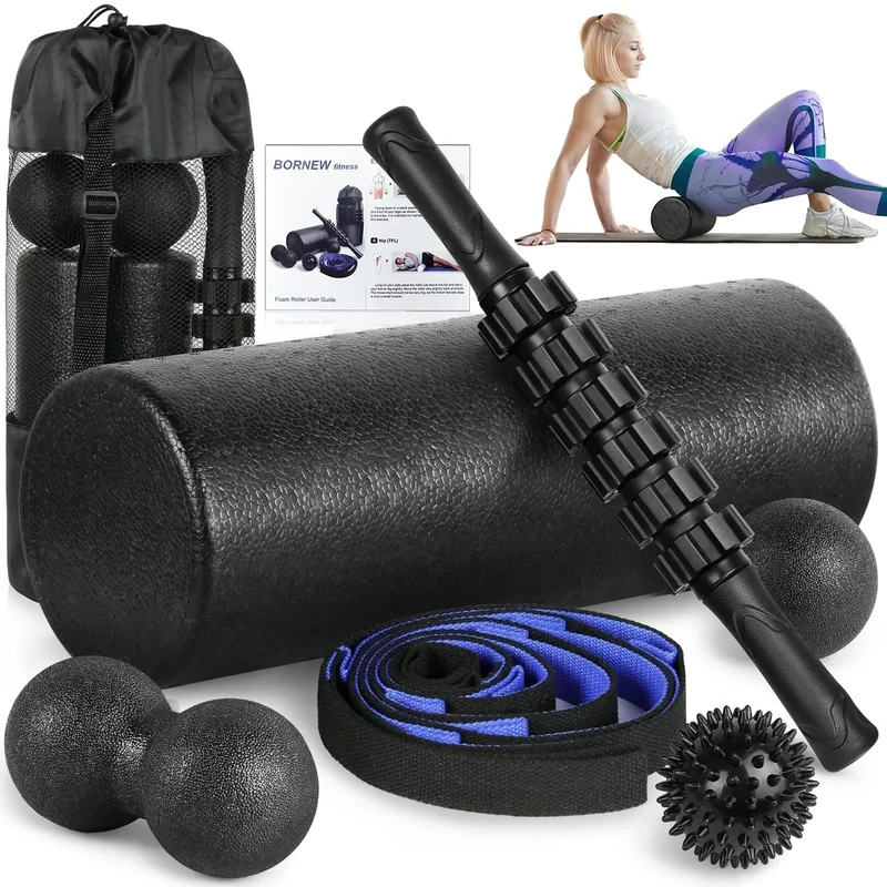 Foam Roller Set - High Density Back Roller, Muscle Roller Stick,2 Foot Fasciitis Ball, Stretching Strap, Peanut Massage Ball for Whole Body Physical Therapy & Exercise, Back Pain, Leg, Deep Tissue