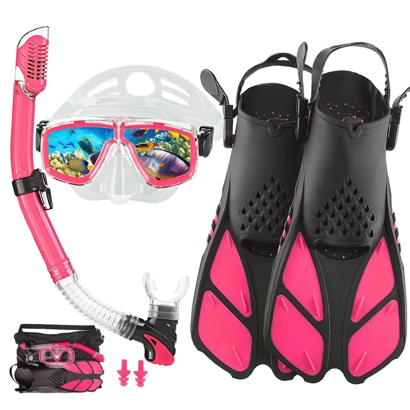 DiVLMT Snorkeling Gear for Adults with Fins Scuba Diving Gear Adult Professional Travel Snorkel Sets with Flippers,Anti-Fog Anti-Leak Diving Mask (Pink, US Men 4-8.5 | US Lady 6-9.5)
