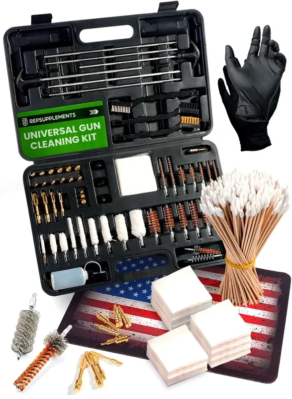 Universal Gun Cleaning Kit for All Guns - Portable Gun Cleaning Kits for Handguns and Rifles, Shotgun, Airsoft - Incl. Stainless Steel Rods, Brass Jags, Gun Cleaning Patches, Cleaning Swabs