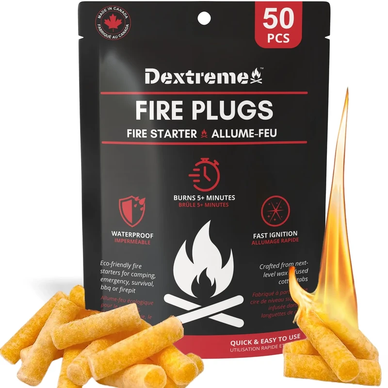 Dextreme Fire Plugs (50) Waterproof Fire Starter for Campfires, Emergencies, Survival, Fire Pits, Grills | 5+ Minute Burn | All Natural | Made in North America