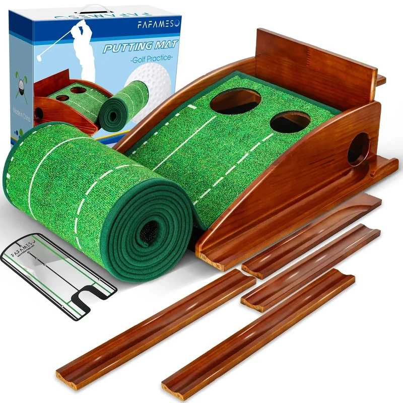 FAFAMESO Golf Putting Mat, Putting Green Indoor with Ball Return - Golf Gifts for Men Christmas, Golf Training Aid for Home Office, Portable Putting Training Mat for Men