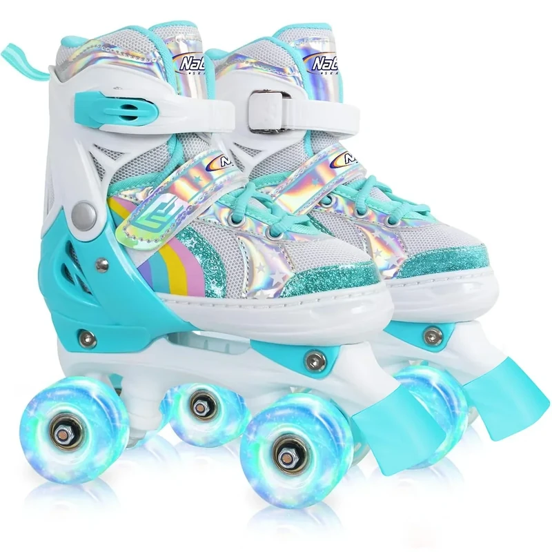 Girls Rainbow Unicorn Roller Skates for Little Kids Toddler Ages 5-8 4 5 6 7, 4 Size Adjustable Quad Skates with All Light Up Wheels - Best Birthday Gift for Outdoor Sports - Teal