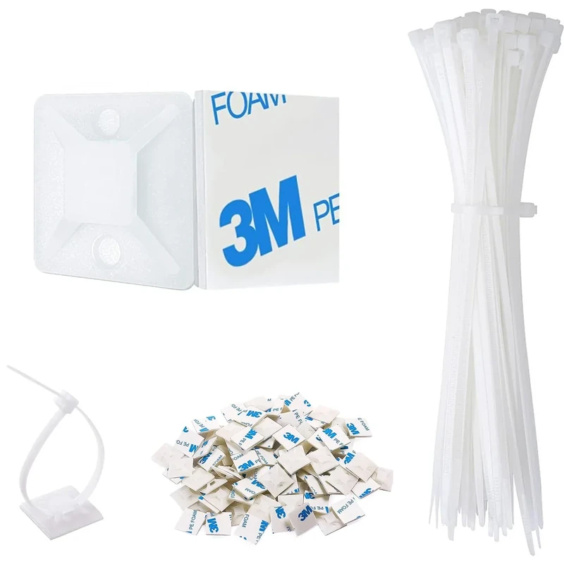 Strong Back-Glue Self Adhesive Cable Zip Tie Mounts Kit - 50 Set Cable Management Clips with 6" Zip Ties, Wire Holders - Outdoor Sticky Wire Organizer Clips-Black (50 Set, White)