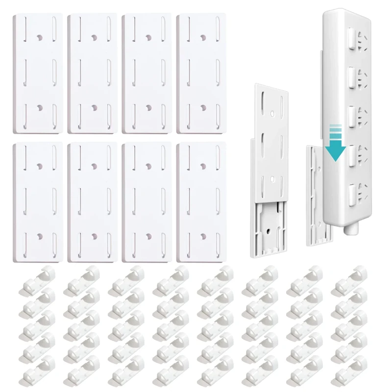 Power Strip Holder and Cable Clips Kit, 8Pcs Adhesive Punch-Free Socket Holder with 40Pcs Adhesive Cable Organizer, Power Strip Wall Mount Cable Management for Kitchen,Home and Office