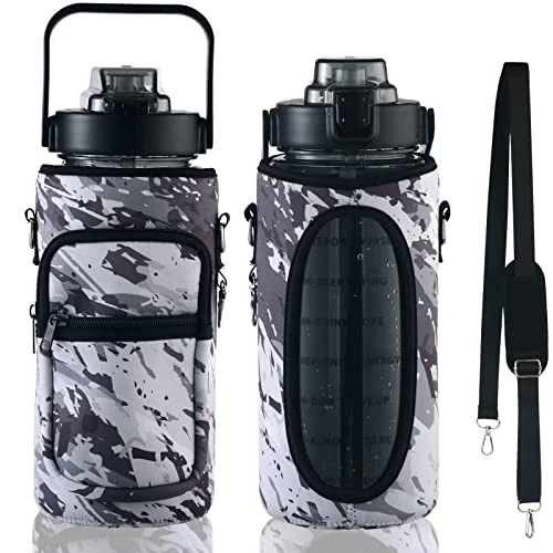RYI Half Gallon Water Bottle with Sleeve & Strap 64 OZ Motivational Water Bottles with Straw Large Wide Mouth Water Jug with Time Marker for Fitness, Gym and Outdoor Sports, Leak-proof & BPA Free