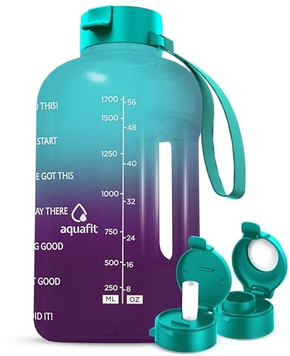 AQUAFIT Half Gallon Water Bottle with Time Marker - Straw & Chug Lid - BPA Free Gym Water Bottle with Straw - Big Gallon Jug (Galaxy, 64 oz - 2in1 Lid)