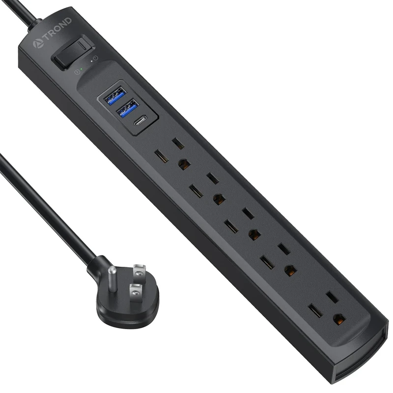 TROND 5-Outlet Surge Protector 3 USB Ports 6ft Plug 1440J Black